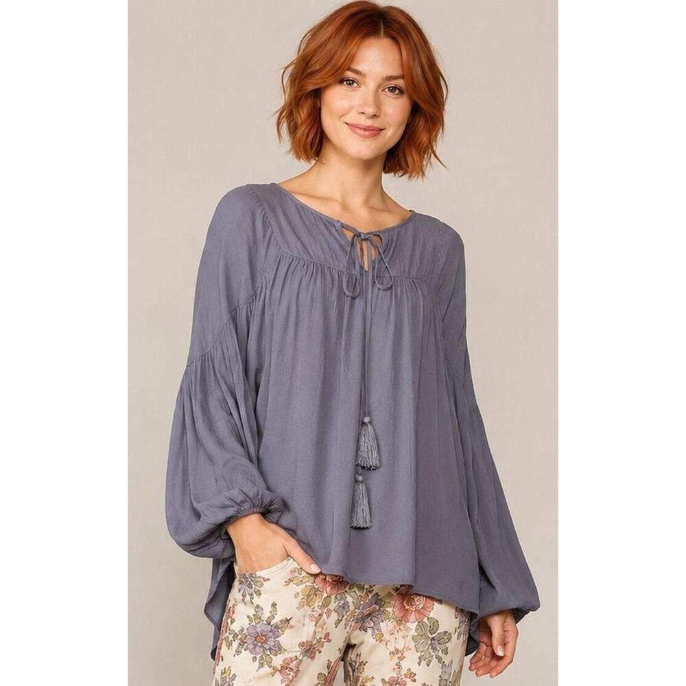New GIGIO S 6 8 + Textured Balloon Sleeve Rayon Top Front Tassel Oversized